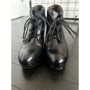 Tamaris Black Leather‎ Lace Up Ankle Boots Platform Heel Size 37